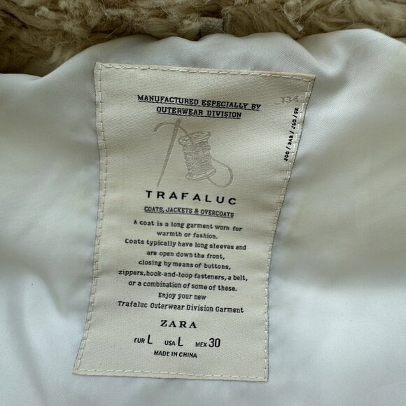 Zara Trafaluc Quilted Puffer Vest Beige SZ Large Removable Hood, Faux Fur Collar - Picture 12 of 16